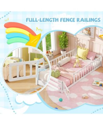 Twin Size Kids Montessori Floor Bed with Lockable Door and Fence Guardrails