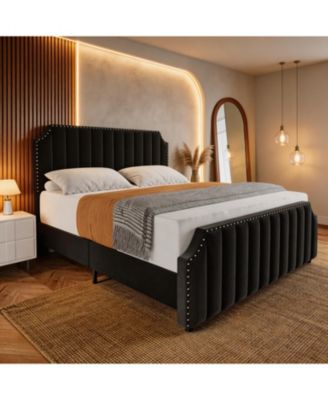 Upholstered Bed Frame with Headboard and Footboard, Bed Frame with Strong Wooden Slats Support