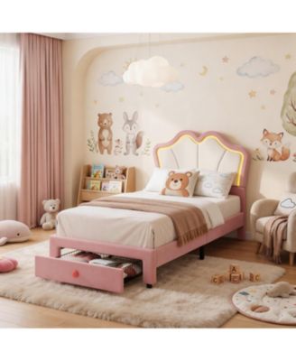 Bed Frame with Storage Drawer, Velvet Upholstered Platform Bed Frame with Headboard and LED Light