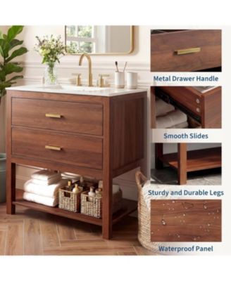 36" Modern Bathroom Vanity with Sink, Ceramic Integral Basin, 2 Soft-Close Drawers and Open Shelf, Space-Saving Bathroom Cabinet Solution