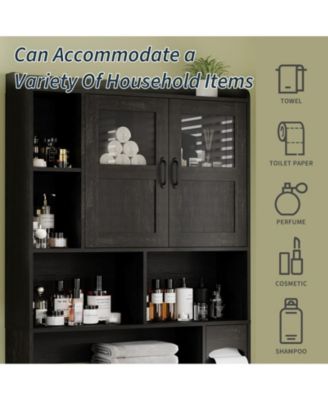Over Toilet Storage Cabinet with Glass Doors and Adjustable Shelves, 67.4 in Tall Bathroom Organizer for Bath or Laundry