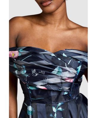 Women's Stripe Organza Pleat Top Midi Dress