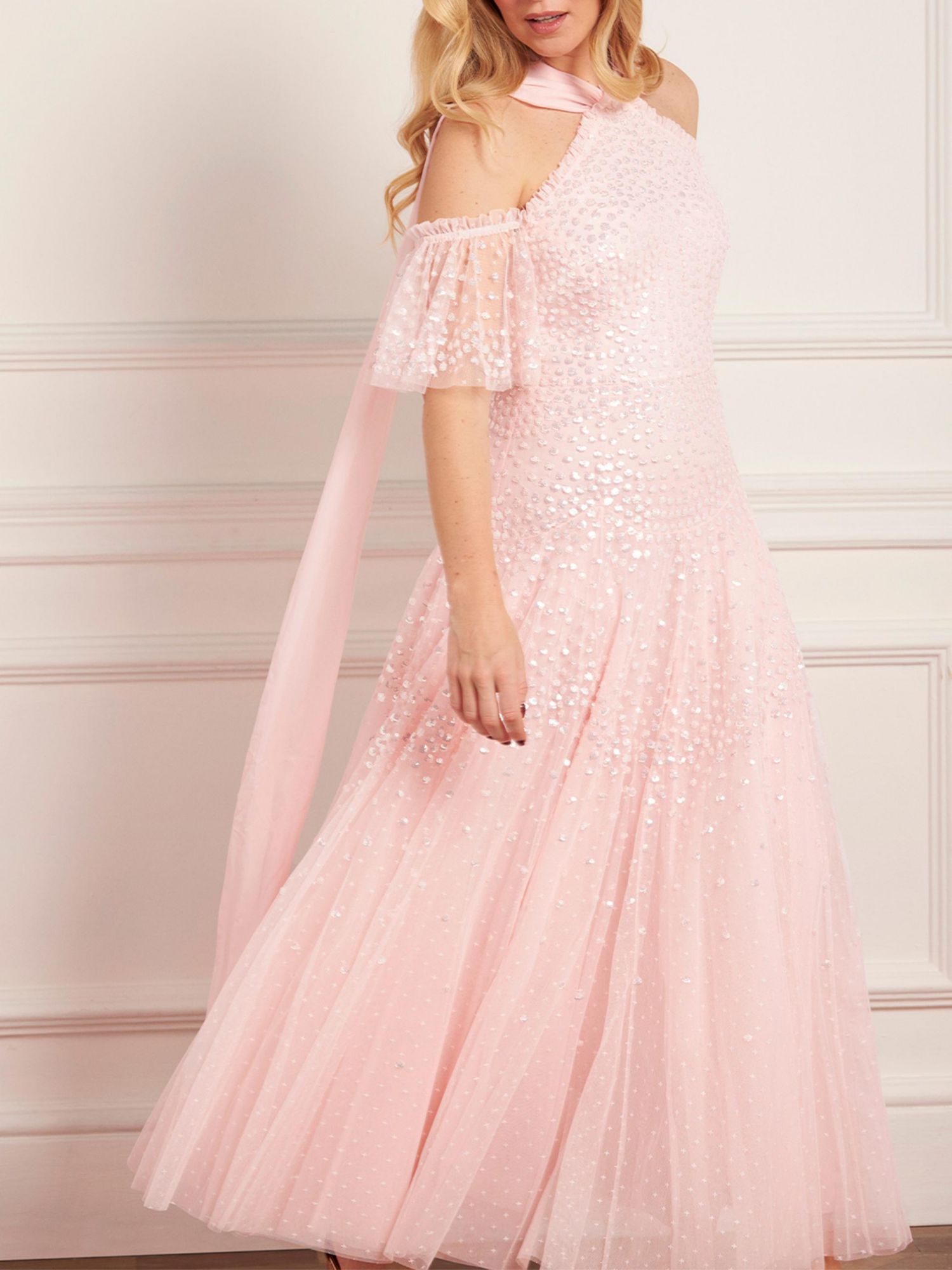 Women's Scallop Sequin Halter-Neck Ankle Gown