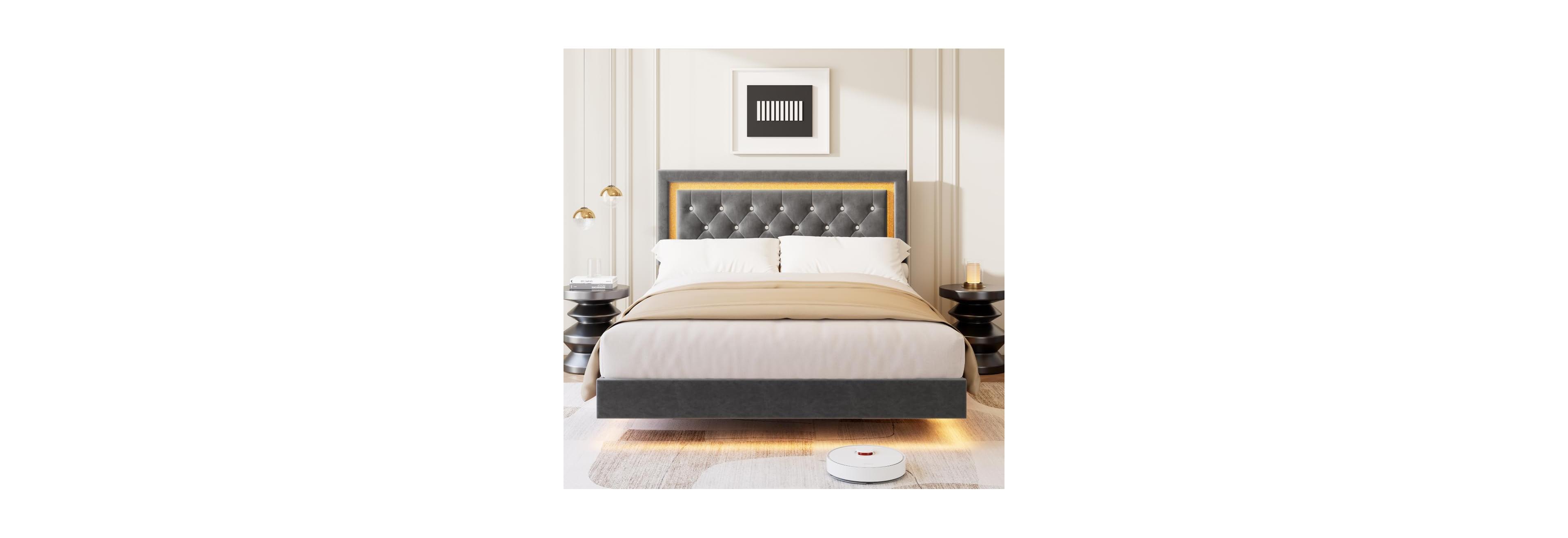 gaomon Floating Bed Frame with Led Lights, Upholstered Platform with Diamond Headboard