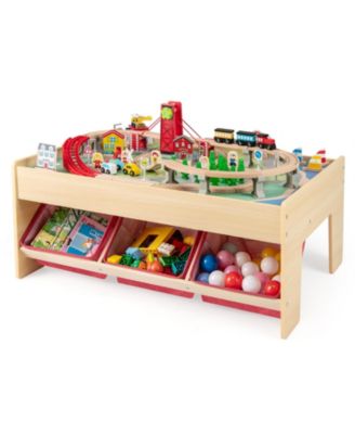 Wooden Train Set Table for Kids with Reversible Tops, Activity Play Table