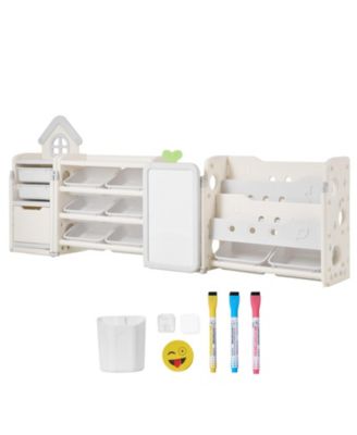 4-Tier Kids Toy Storage with Bookshelf, Drawing Board and 10 Bins, 88.6 x 36 in