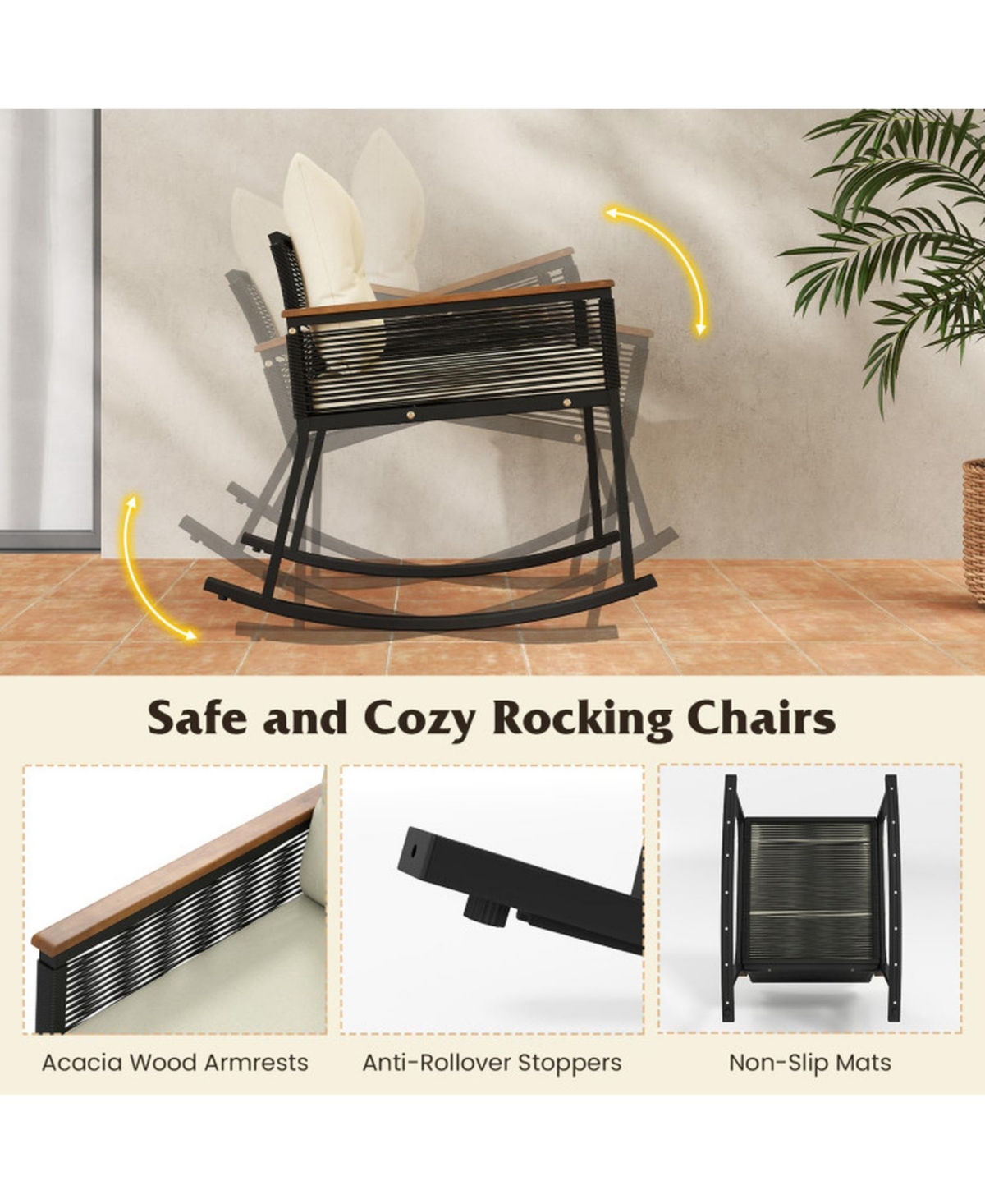 Gouun 3-Piece Pe Rattan Rocking Chair Set with Acacia Wood Armrests and 2-Tier Table