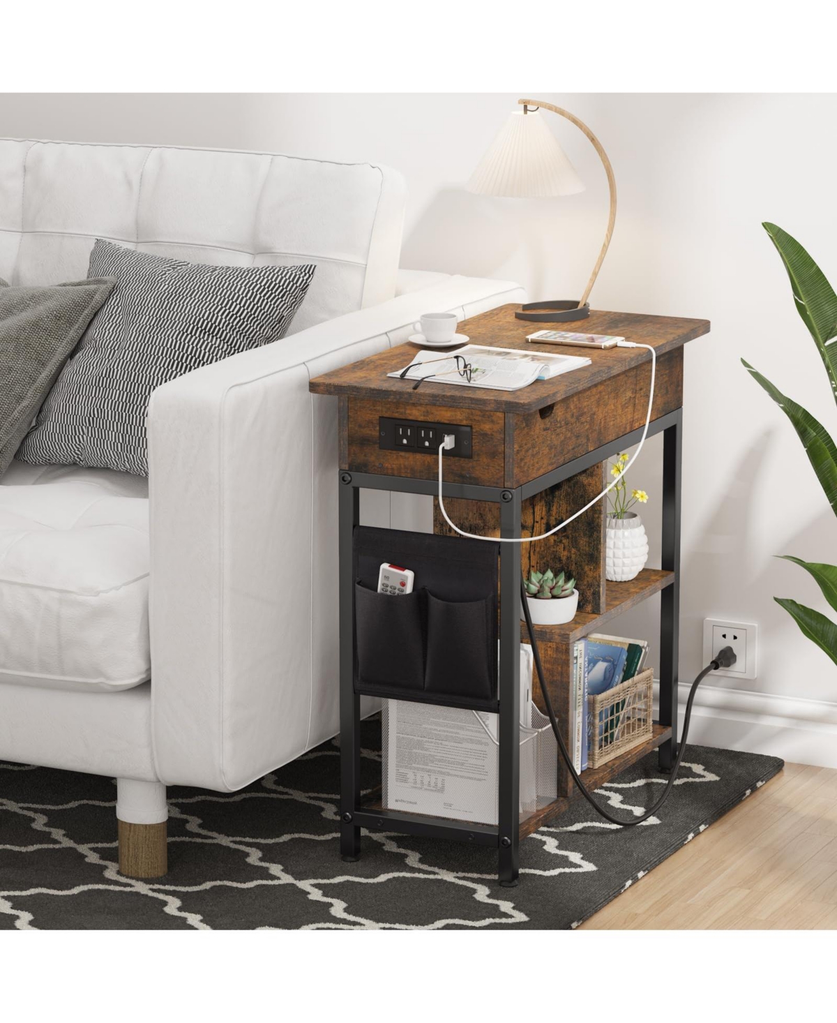 gaomon Flip Top End Table with Charging Station and Storage Shelves