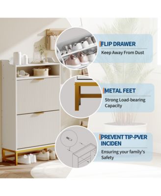 Fluted Shoe Cabinet with 2 Flip Drawers, Open Shelf and Metal Legs, Slim Entryway Storage for Hallway and Foyer