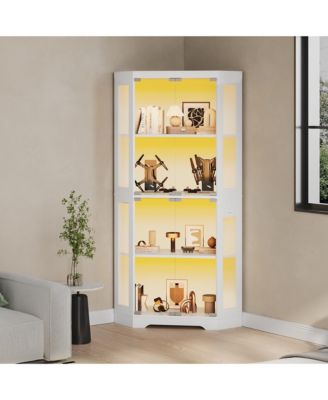 Modern Glass Corner Display Cabinet – 4 Tiers, Glass Doors, 3-Color LED Lighting, Motion Detector, Charging Ports