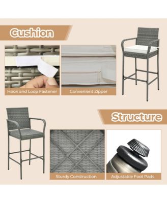 Set of 2 Rattan Patio Bar Stools Outdoor Bar Height Chairs w/ Cushions