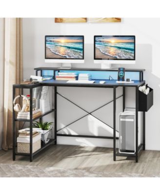 L-Shaped Gaming Desk with LED Lights and Power Outlets