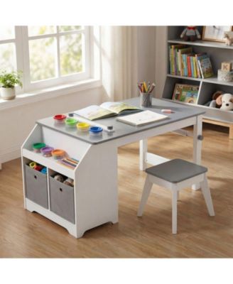 Kids Art Table and Stool Set with Paper Roll and 4 Paint Cups