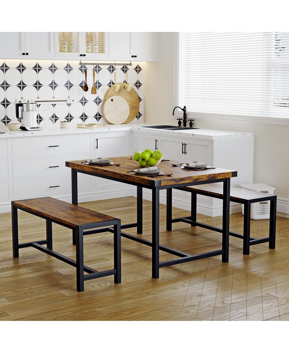 gaomon 3-Piece Mid-Century Modern Dining Set with 2 Benches