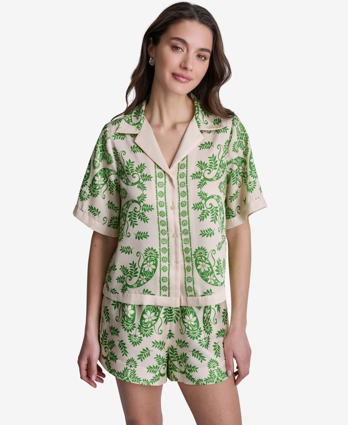 Женские топы BCBG Women's Botanical Print Short-Sleeve Button-Front Top — фото 2