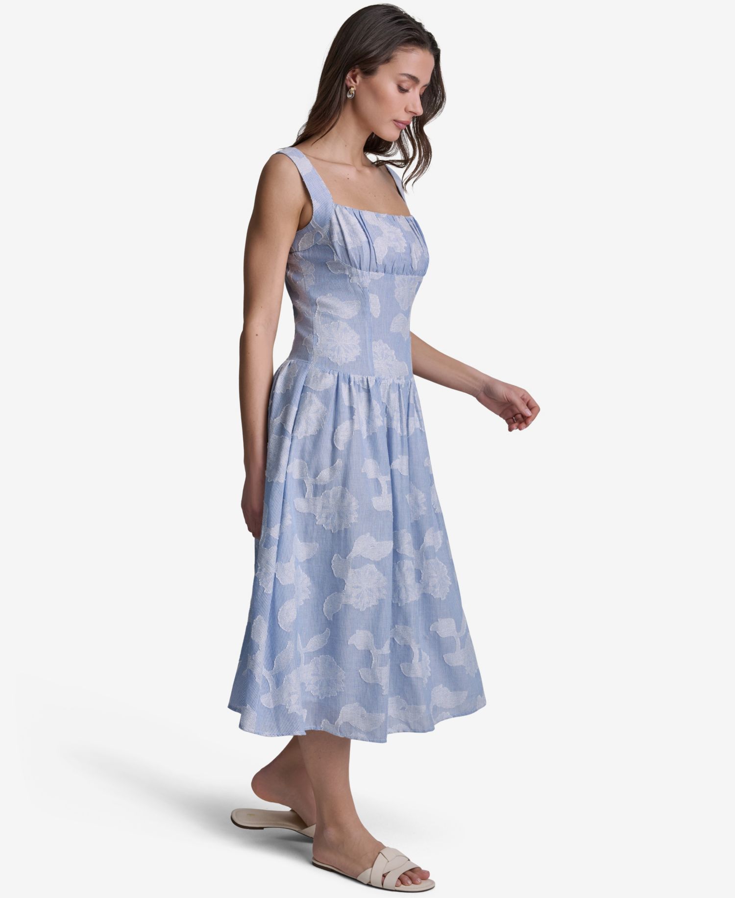 Women's Floral Print Square Neck Cotton Midi Dress