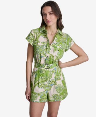 Women's Printed Belted Collared Short Romper