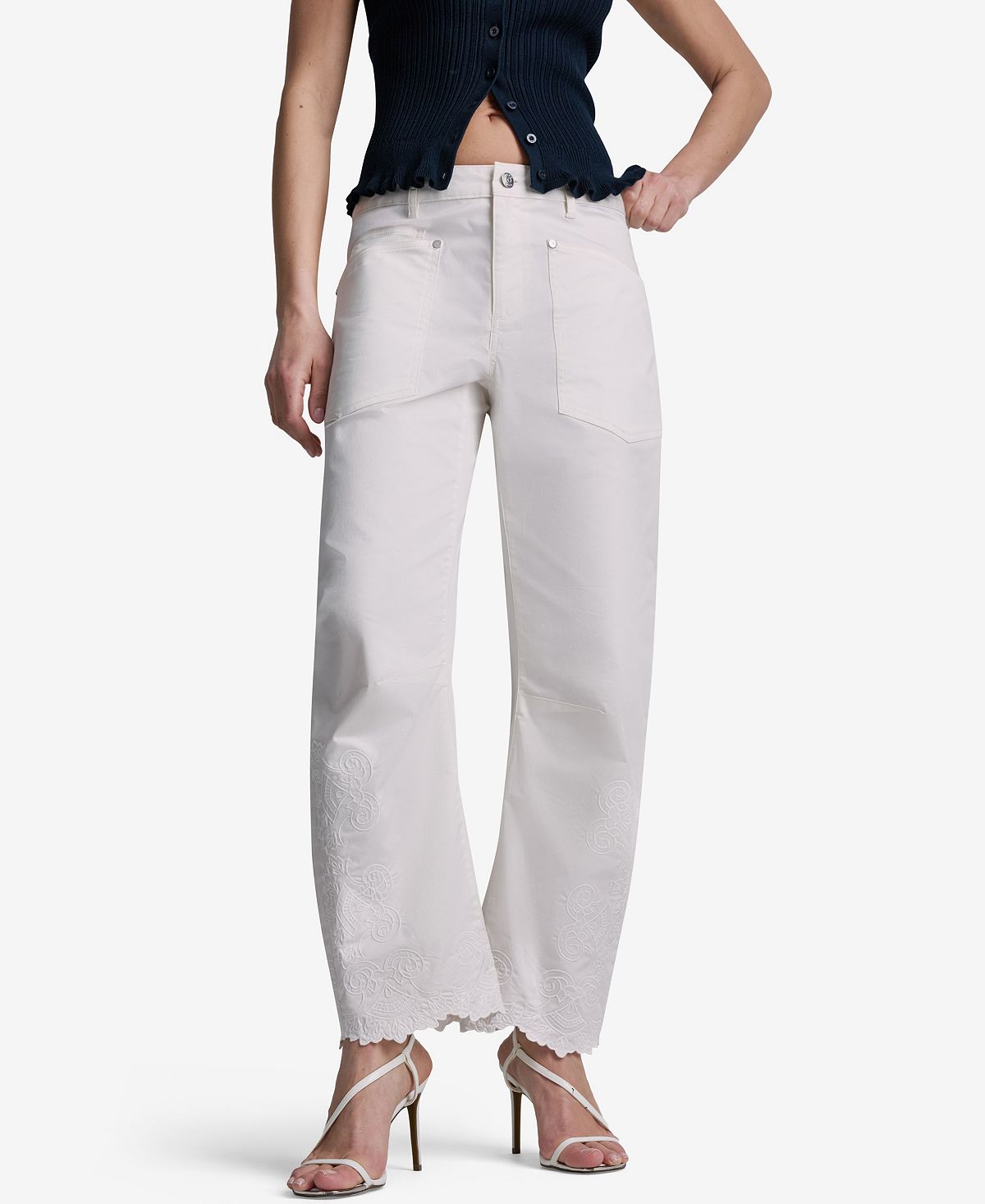 BCBG Women's Embroidered Scallop-Hem Wide-Leg Jeans view 1 — MAYCSS fashion products