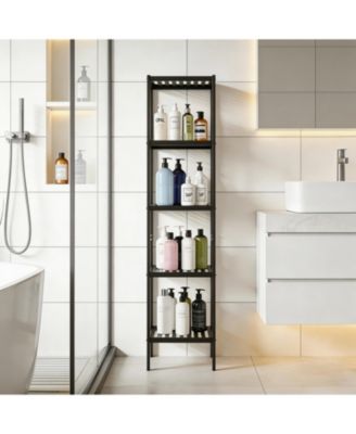 5-Tier Bamboo Shelf Narrow Bathroom Shelf with Slatted Shelves Wood Plant Stand Standing Towel Rack Corner Rack