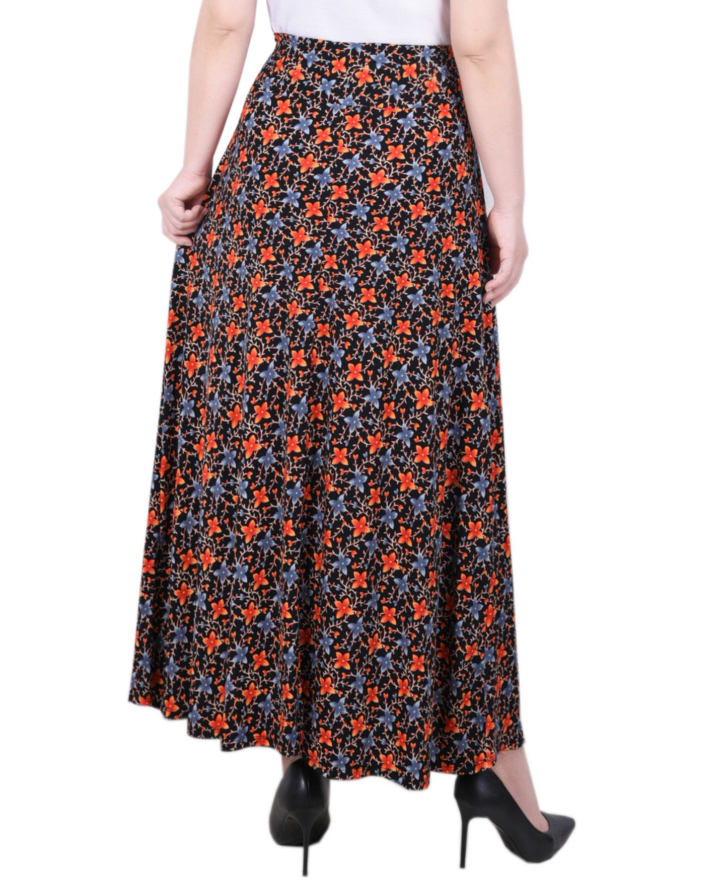 Женская юбка NY Collection Maxi Skirt With Sash Waist Tie, цвет: Чёрный оранжевый с принтом — фото 4