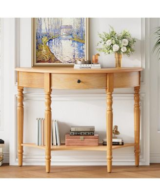 Farmhouse Half Moon Console Table with Drawer & Shelf