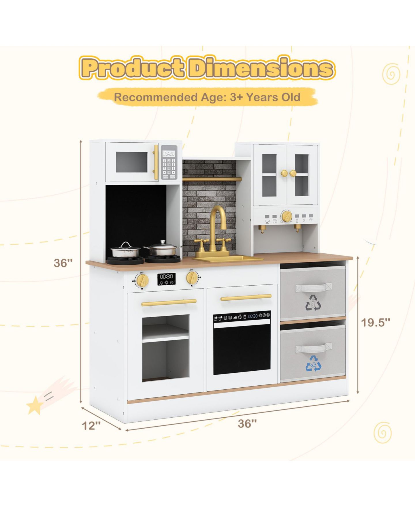 Детская игрушка Slickblue Wooden Kids Play Kitchen With Light and Sound, от 3 лет, цвет: Белый / Коричневый — фото 3