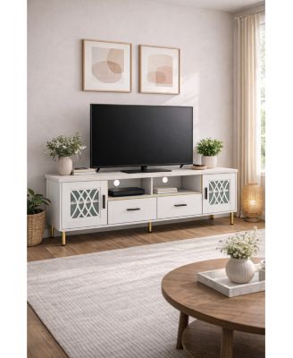 Faux Marble Top 71-Inch TV Stand with Glass Doors and Gold Legs