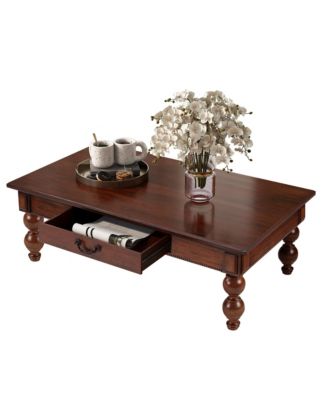 Rectangular Wooden Coffee Table - Vintage Center Table with Storage Drawer and Gourd-Shaped Legs for Living Room
