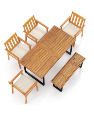 6-Piece Patio Dining Set with 63 in Acacia Wood Table, 4 Armchairs and Backless Bench