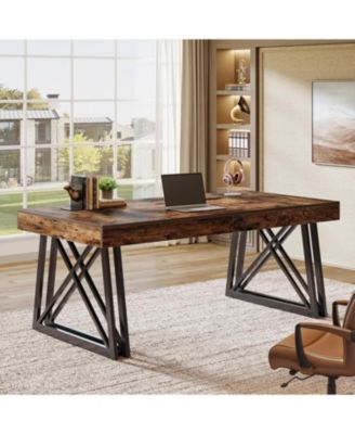 Executive Desk with X-Shaped Legs, 63'' Farmhouse Office Computer Desk, Large Writing Table