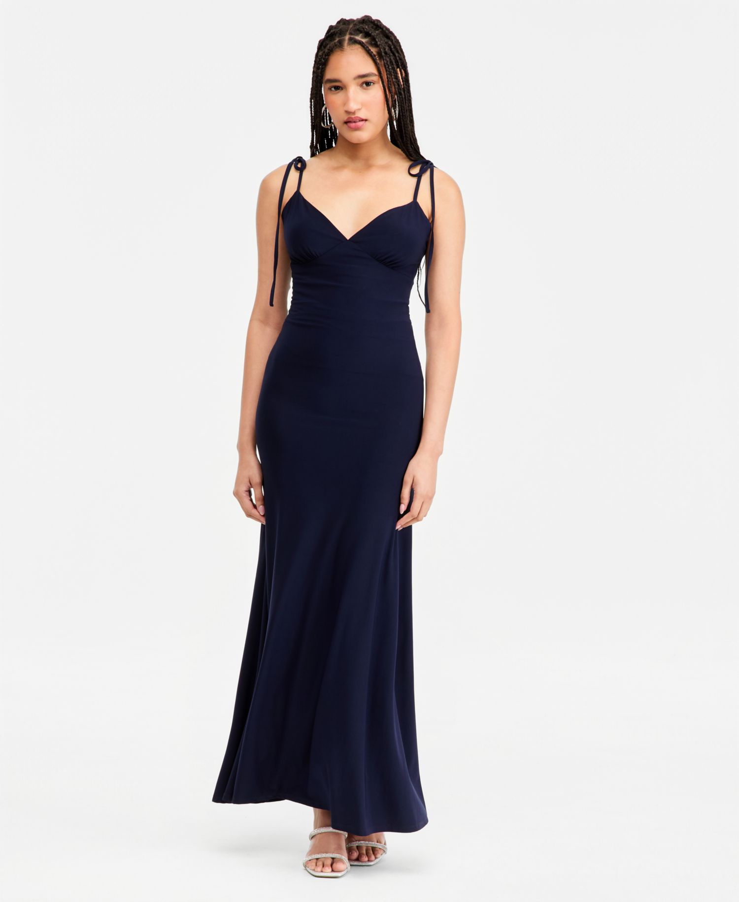 Juniors' Shirred-Back Tie-Strap Long Dress