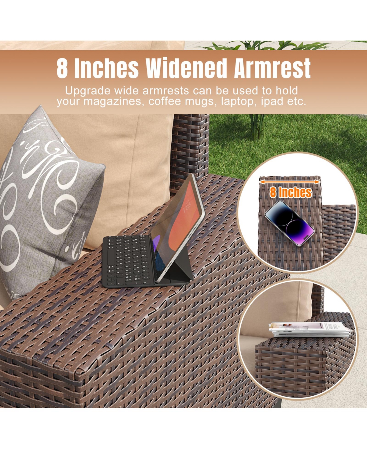 Aoxun 7 Piece Wicker Outdoor Sectional Sofa Set with Cushions with 44 Propane Fire Pit Table