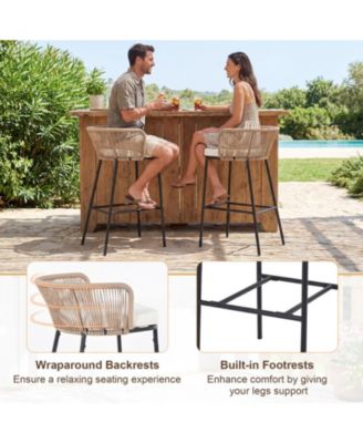 Set of 2 Bar-Height Woven Rope Patio Chairs with Cushions