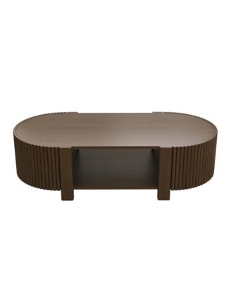 Oval Coffee Table with Storage, Fluted Center Table with Shelves and 2 Open Doors, 47" Mid Century Modern Coffee Table for Living Room
