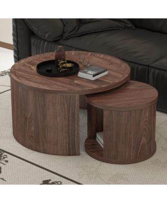 Modern Circular Nesting Coffee Table Set of 2, 31.5" Main Table and 18" Stackable Side Table, Wooden Round Center Table for Living Room