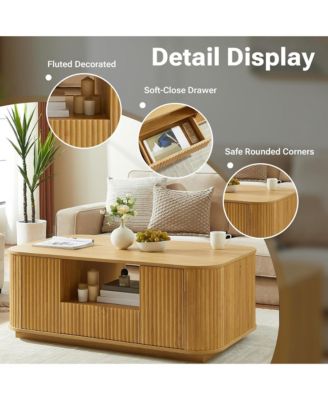 46.5" Fluted Wooden Oval Coffee Table - Center Table with Drawers, Hidden Storage Cabinets and Open Shelf for Living Room