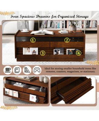 47.2 Inch Modern Wooden Rectangular Coffee Table, Fluted Center Table with 4 Drawers and 2 Open Display Shelves for Living Room