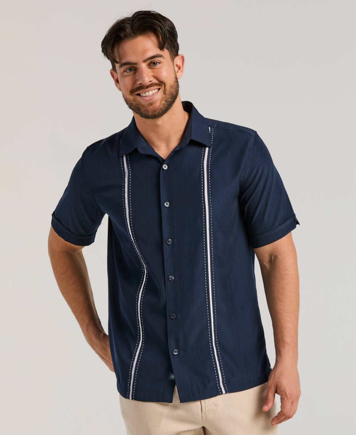 Cubavera Men's Pick Stitch Panel Short Sleeve Button-Down Shirt - Dress Blue