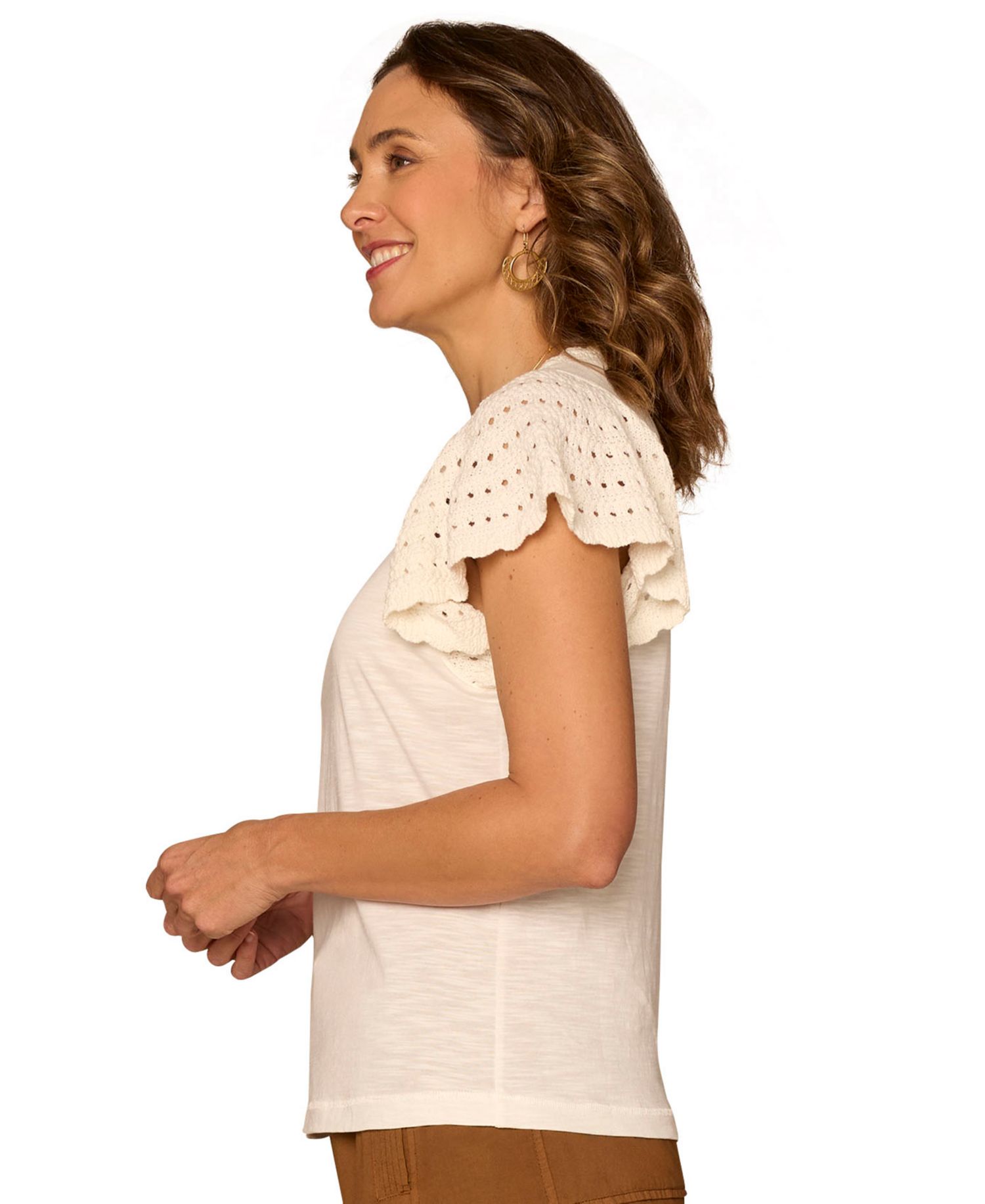 Petite Crochet-Trim Flutter-Sleeve Knit Top