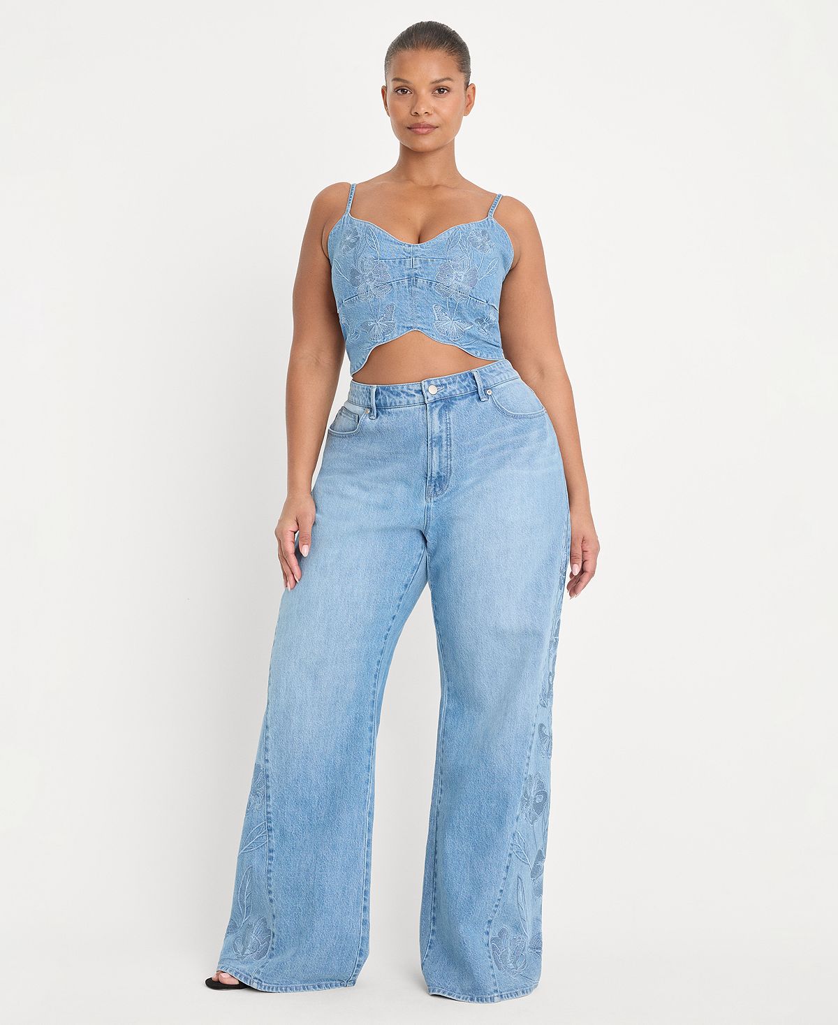 Good American Women's Dolly Joleans High-Rise Wide-Leg Embroidered Jeans view 5 — MAYCSS fashion products