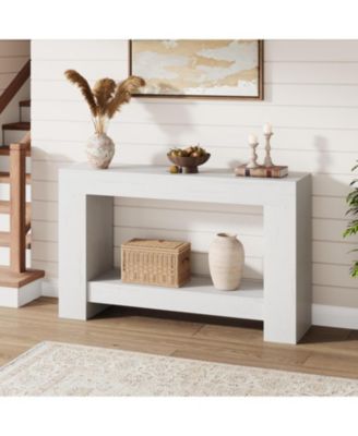 Farmhouse 2 Tier Entryway Console Table, Long White Sofa Table with Open Storage for Entrance or Living Room