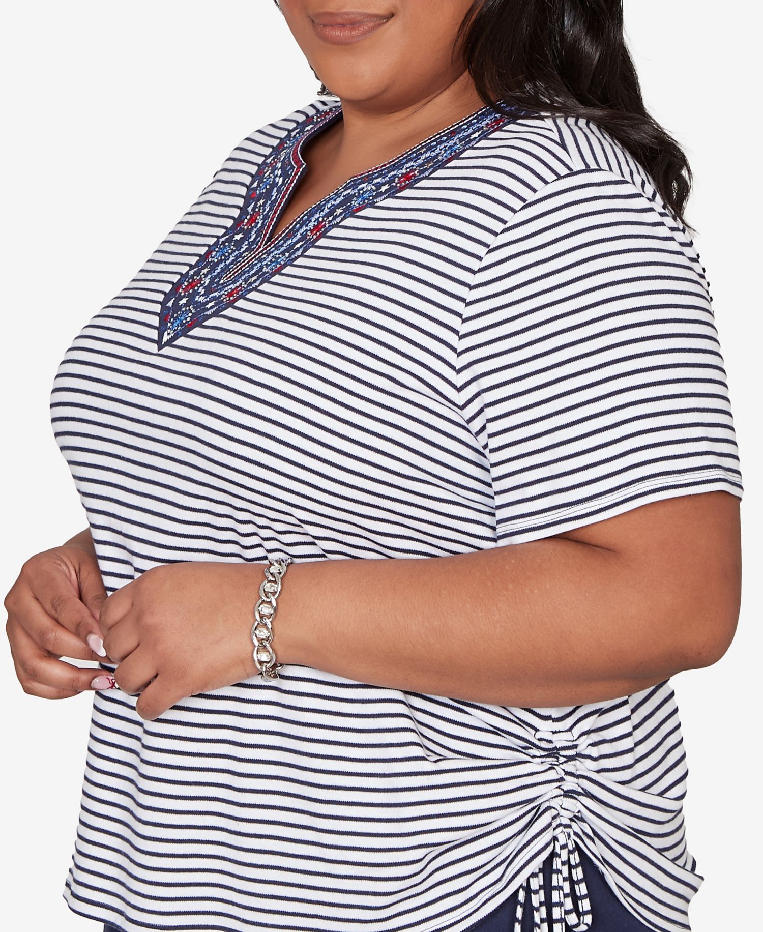 Plus Size Lady Liberty Embroidered Neck Striped Side Tie Top