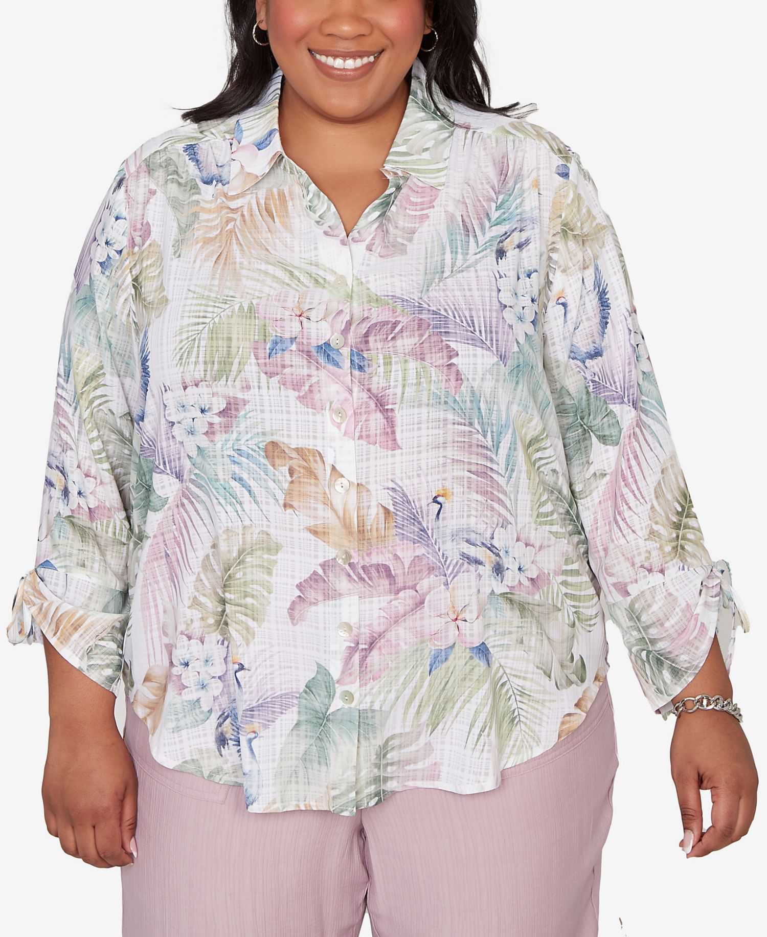 Plus Size Vintage Charm Tropical Button-Front Tie-Sleeve Top