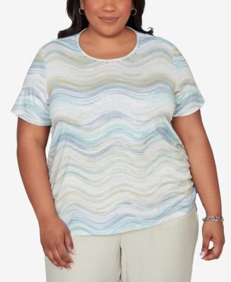 Plus Size Vintage Charm Wavy Biadere Side Tie Ruched T-Shirt