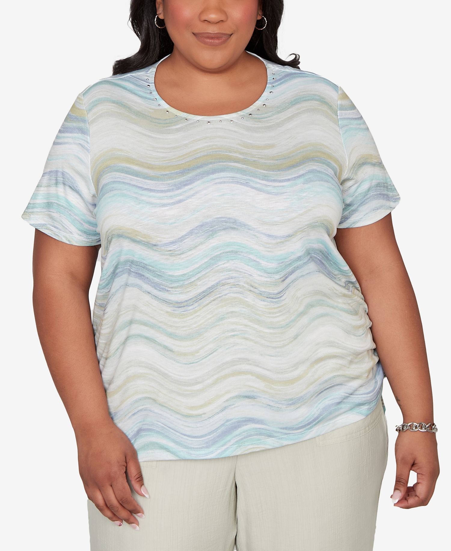 Plus Size Vintage Charm Wavy Biadere Side Tie Ruched T-Shirt