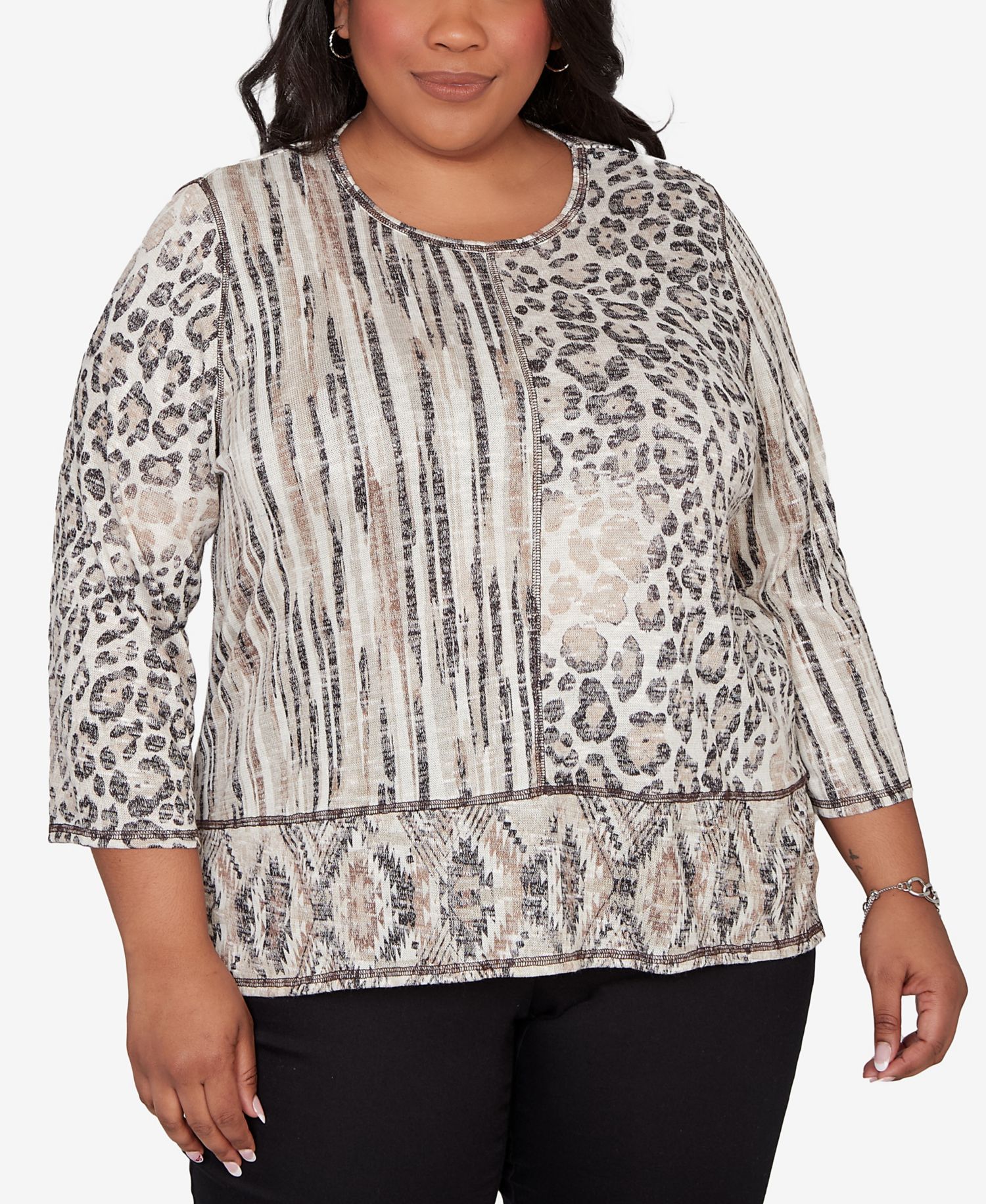 Plus Size Detail Driven Spliced Aztec Animal Skin Crewneck Top