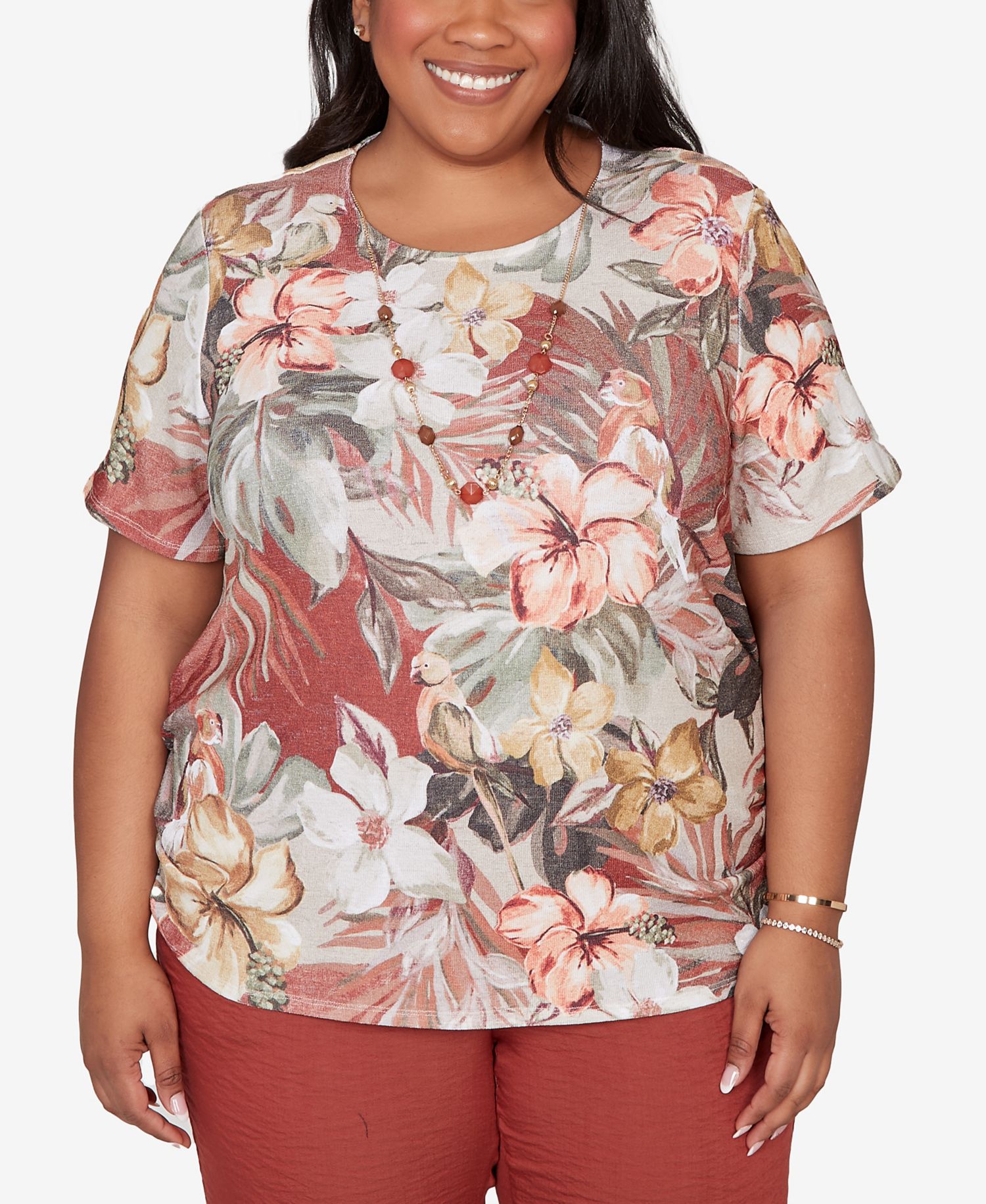 Plus Size Spice Market Dramatic Floral T-Shirt with Necklace