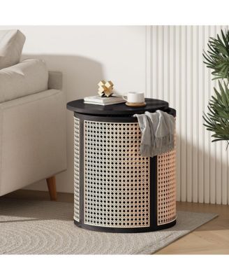 Round Solid Wood Nightstand, Hollow Woven Bedside Table, Compact Accent End Table for Living Room, Bedroom, Home Office