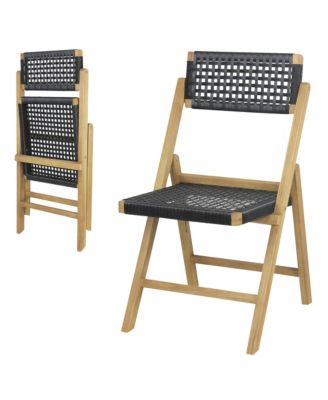 2PCS Folding Chairs w/ Woven Rope Seat and High Back Indonesia Teak Patio