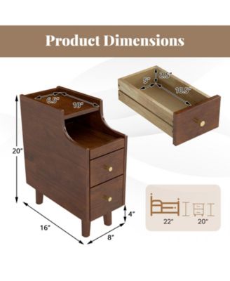 Solid Wood End Table Narrow Bedside Table with Pull-out Tray and 2 Storage Drawers
